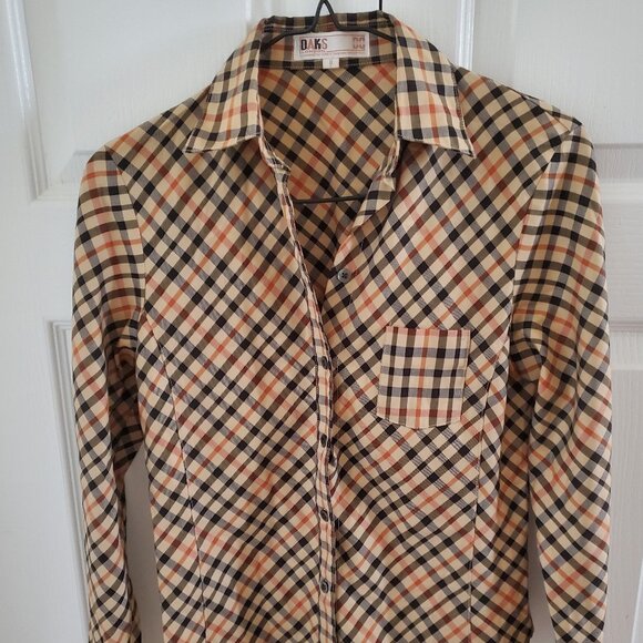 Daks London beige house check vintage 90s cotton shirt size 8 - Picture 1 of 4